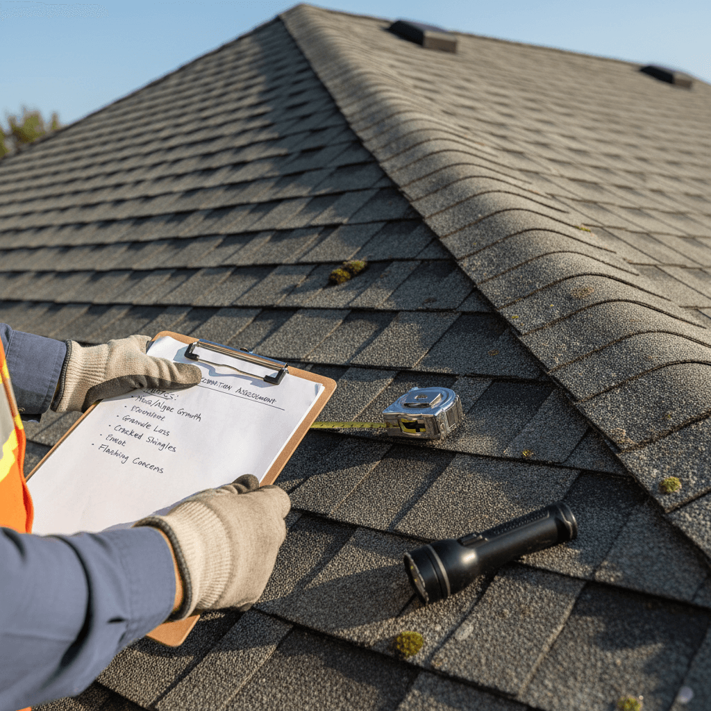 Professional roofer performing roof inspection after storm damage