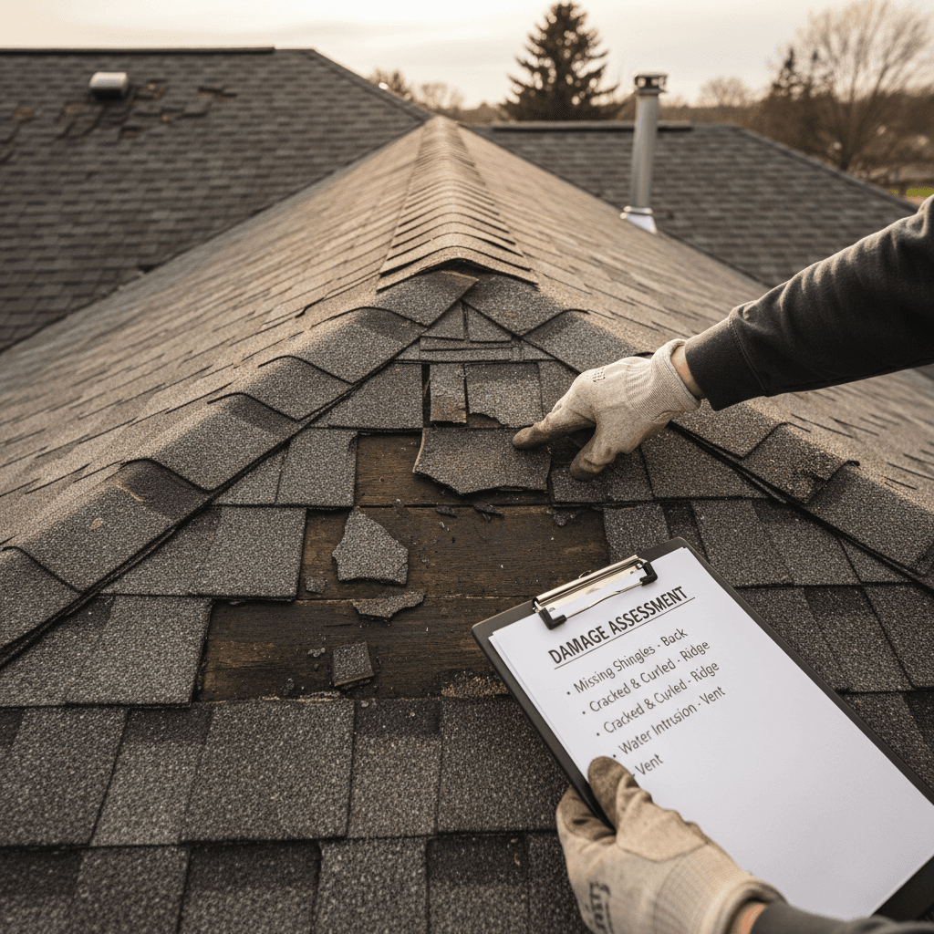 Contractor and insurance adjuster reviewing storm damage documentation