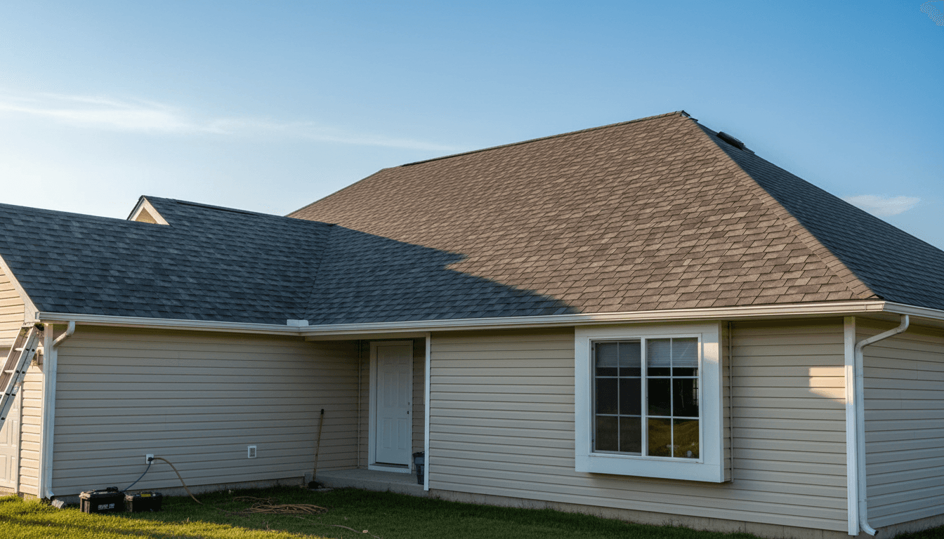 Professional roofers installing new shingles on storm-damaged roof