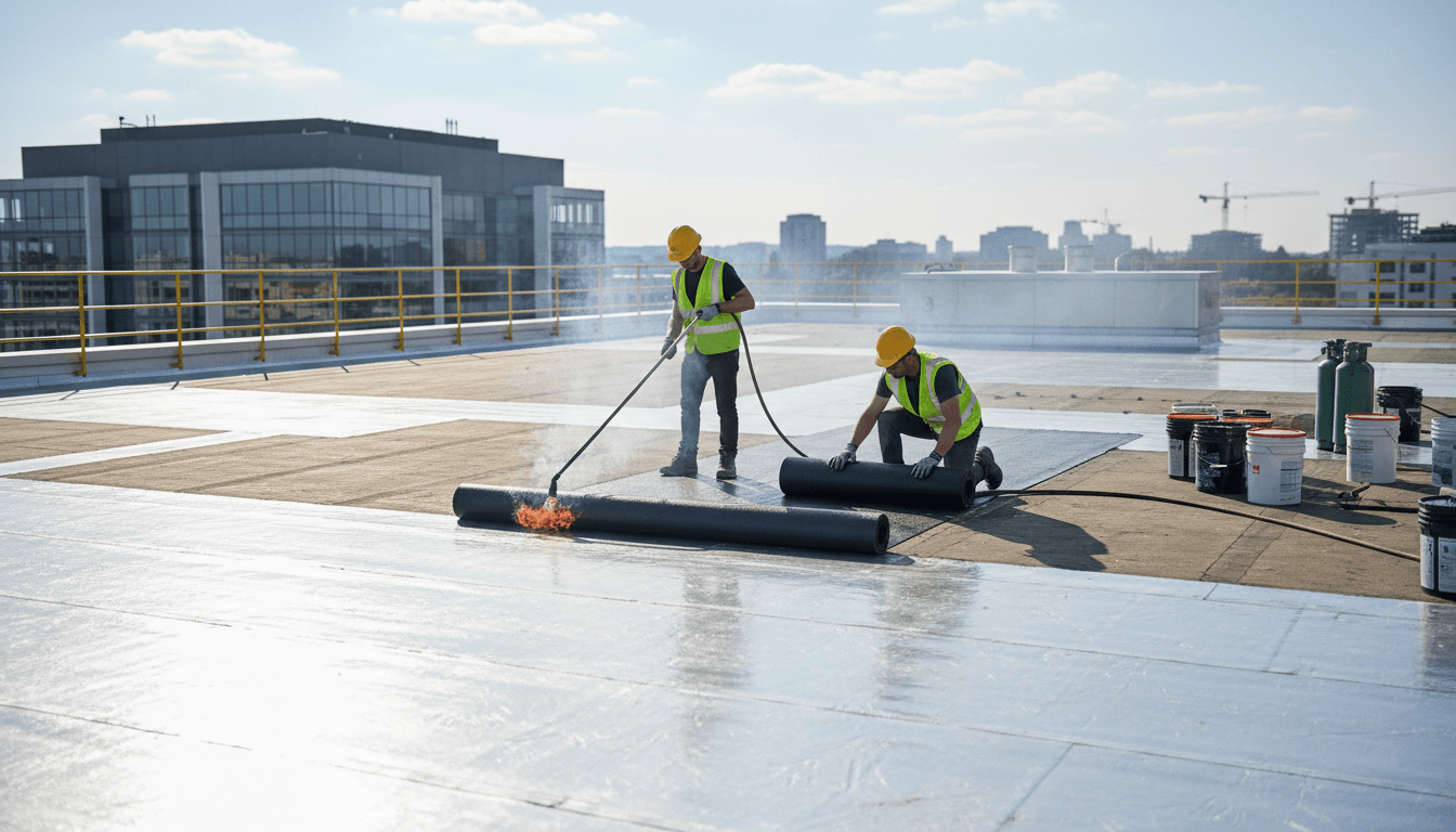 Flat roof membrane repair on commercial building